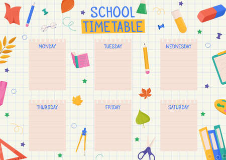 Cute childish school timetable, weekly classes schedule for kids with school supplies. Printable planner, diary for student. Stationery set for children. To Do List.のイラスト素材