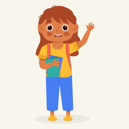 School kid with school supplies. Kid with backpack and book. Colorful cartoon character. Flat vector illustration.のイラスト素材
