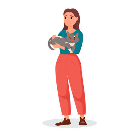 Young girl hugging a cat. Portrait of happy pet owner. Adorable pet owner and cute domestic animal. Flat vector illustration.のイラスト素材
