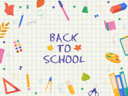 Back to school card with colorful school supplies. Colorful back to school templates for invitation, poster, banner, promotion, sale. School supplies cartoon illustration.のイラスト素材
