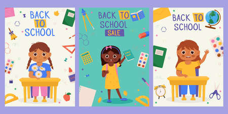 Set of Back to school banner design with colorful funny school character, education items. Colorful back to school templates for invitation, poster, banner, promotion,sale etc.のイラスト素材
