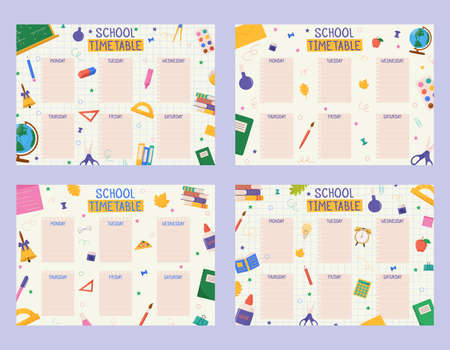Set of cute childish school timetables, weekly classes schedule for kids with school supplies. Printable planner, diary for student. Stationery set for children. To Do Listのイラスト素材