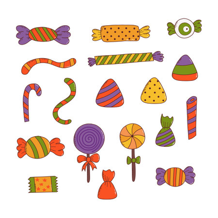 Set of colorful halloween sweets. Halloween elements. Trick or treat concept. Vector illustration in hand drawn styleのイラスト素材