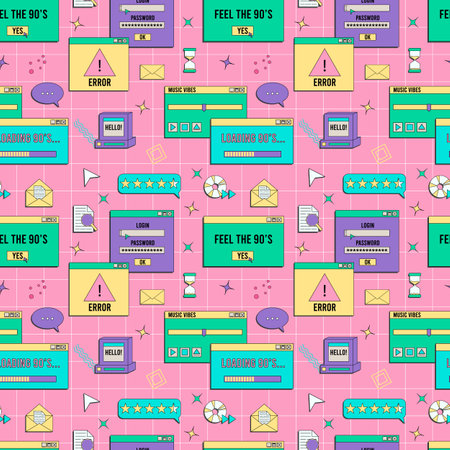 Vaporwave UI and UX elements seamless pattern. PC retro game frame. Nostalgic style 70s, 80s, 90s