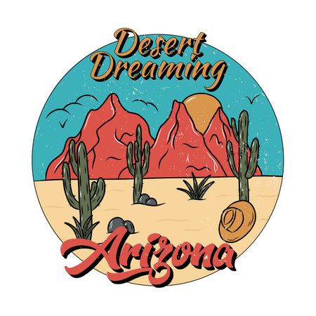 Arizona desert vibes with cactus and mountain. Print design for apparel, stickers, t shirt and others. retro vintage illustrationのイラスト素材