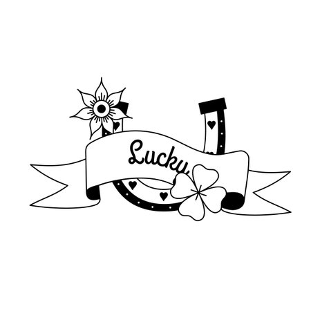 Horseshoe tattoo with text Lucky in y2k, 1990s, 2000s style. Emo goth element design. Old school tattoo. Vector illustrationのイラスト素材