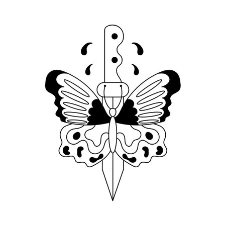 Butterfly with knife tattoo in y2k, 1990s, 2000s style. Emo goth element design. Old school tattoo. vector illustration.のイラスト素材