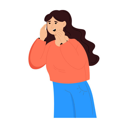 woman attracts attention. Flat vector illustration isolated on white background.のイラスト素材