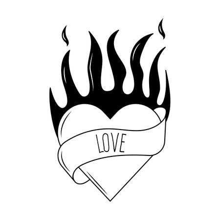 Flaming heart tattoo in y2k, 1990s, 2000s style. Emo goth element design. Old school tattoo. vector illustration.のイラスト素材