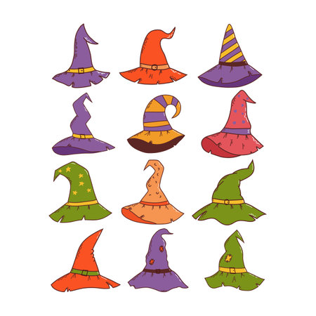Set of witch hats. Halloween element. Trick or treat concept. Vector illustration in hand drawn style.のイラスト素材