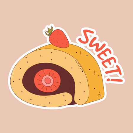 Traditional Japanese food. Asian cake roll with strawberry sticker. vector illustration.のイラスト素材