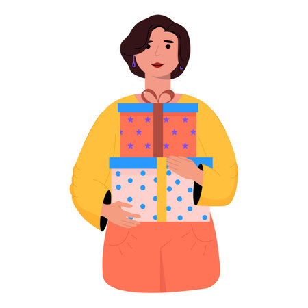 Young woman holding gift boxes with presents. Flat vector illustrationのイラスト素材
