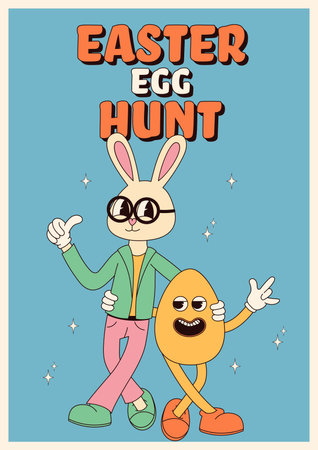 Groovy hippie Happy Easter posters. Easter bunny and egg. Vector card in trendy retro 60s 70s cartoon style.のイラスト素材