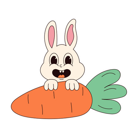 Groovy hippie Happy Easter character. Easter bunny in trendy retro 60s 70s cartoon styleのイラスト素材