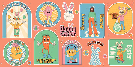 Groovy hippie Happy Easter stickers. Easter bunny, eggs, flower, chickens. Sticker pack of cartoon characters and elements in trendy retro 60s 70s cartoon styleのイラスト素材