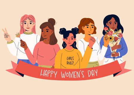 March 8, International Women's Day. Greeting card or postcard templates with young women for card, poster, flyer. Girl power, feminism, sisterhood conceptのイラスト素材