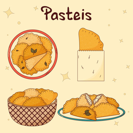 Set of Brazilian traditional food. Pasteis. Vector illustration in hand drawn style.のイラスト素材