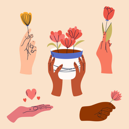 Set of female hands holding bunches of blooming flowers. Good for greeting cards or invitation design, posterのイラスト素材