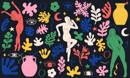 Groovy doodle and abstract art set. Matisse random organic shapes and female silhouettes in trendy retro 60s 70s styleのイラスト素材
