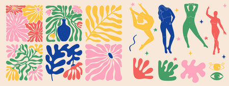 Groovy doodle and abstract art poster set. Matisse random organic shapes and female silhouettes in...