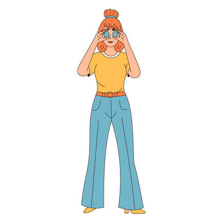 Groovy hippie Happy Easter character. Girl holds Easter eggs in trendy retro 60s 70s cartoon styleのイラスト素材