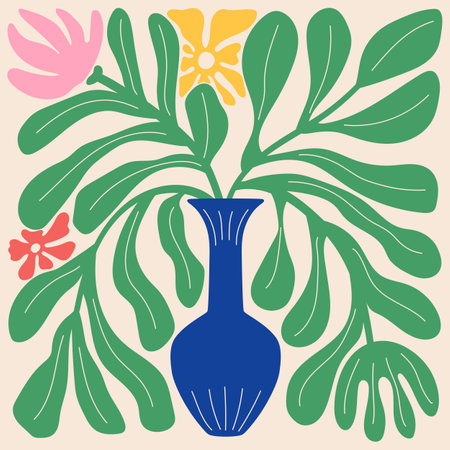 Groovy abstract organic plant shapes art. Matisse floral poster in trendy retro 60s 70s styleのイラスト素材