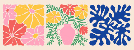 Groovy doodle and abstract organic plant shapes art set. Matisse floral posters in trendy retro 60s 70s styleのイラスト素材