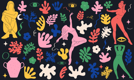 Groovy doodle and abstract art set. Matisse random organic shapes and female silhouettes in trendy retro 60s 70s styleのイラスト素材