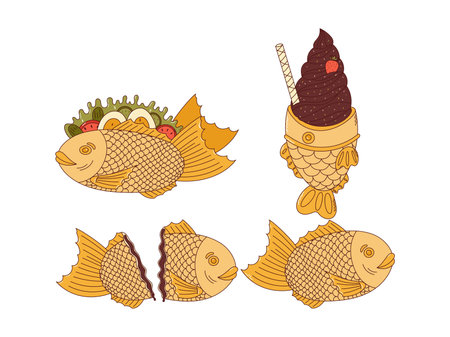 Traditional Japanese food set. Asian Taiyaki stickers. Fish-shaped ice cream, sandwich. vector illustration.のイラスト素材