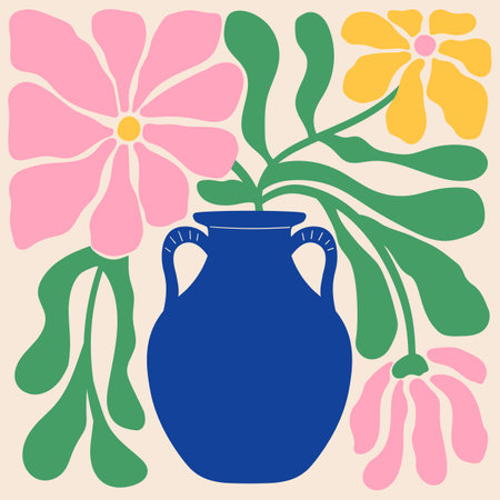 Groovy doodle and abstract organic plant shapes art. Matisse floral poster in trendy retro 60s 70s styleのイラスト素材