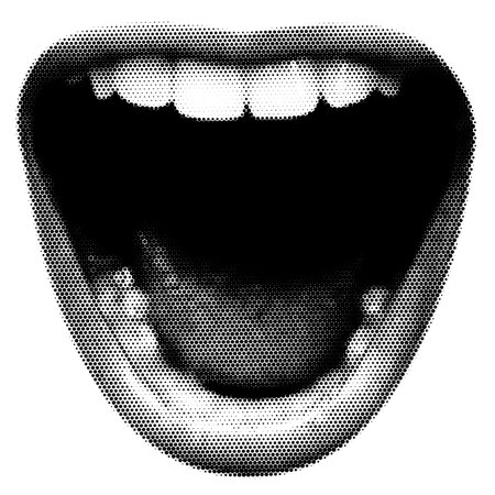 Screaming mouth collage. Design lips in trendy dotted pop art style. Retro halftone effect. Vector illustration with vintage grunge punk cutout elementのイラスト素材
