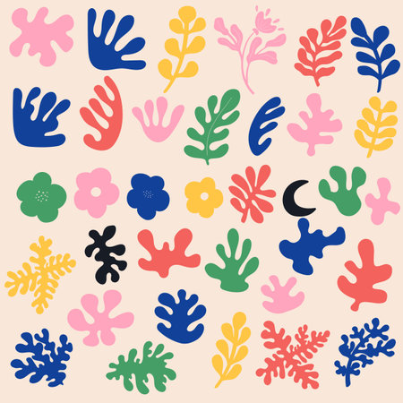 Groovy abstract organic plant shapes art. Matisse floral elements in trendy retro 60s 70s styleのイラスト素材