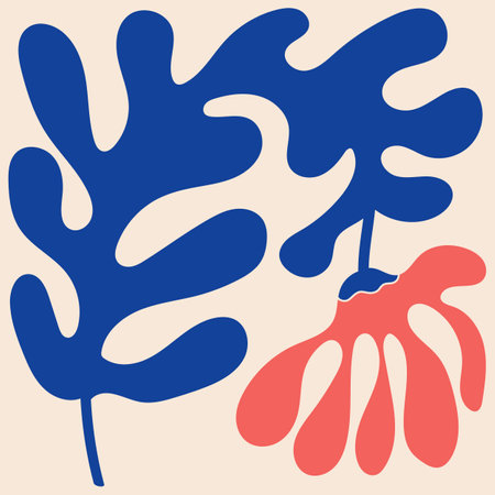 Groovy doodle and abstract organic plant shapes art. Matisse floral poster in trendy retro 60s 70s styleのイラスト素材