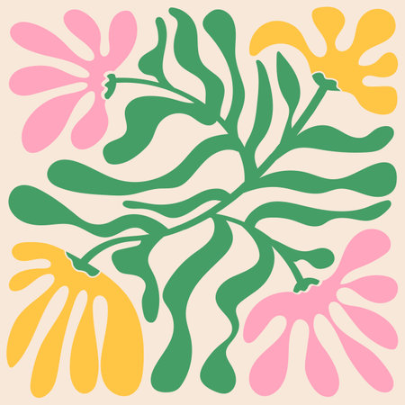 Groovy doodle and abstract organic plant shapes art. Matisse floral poster in trendy retro 60s 70s styleのイラスト素材