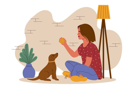 Girl plays with her dog with a brushing toy. Dog dental care concept. Preventing plaque and tartar build-up. vector illustration.のイラスト素材
