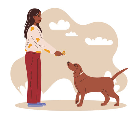 Girl plays with her dog with a brushing toy. Maintaining healthy dog teeth and gums. dog dental health. Canine dental care and hygiene concept. vector illustration.のイラスト素材