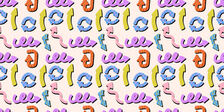 Playful arrows seamless pattern in trendy retro Memphis style with vector texture. Dynamic arrow signs for designのイラスト素材