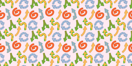 Direction indicators seamless pattern. Naive playful arrow pointers with vector texture in trendy retro style. Y2k aesthetic. Dynamic arrow signs for design.のイラスト素材