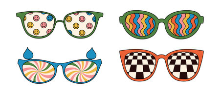 Retro sunglasses with groovy prints and psychedelic colors. Vector illustrations isolated on white backgroundのイラスト素材