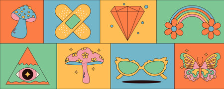 Collection of psychedelic groovy elements. Mushrooms, butterfly, eyes, sunglasses and more. Retro vector illustrations.のイラスト素材