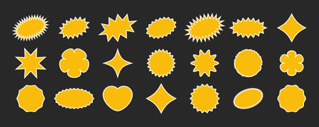 Collection of yellow starburst shapes. Design elements for promo advertising campaign. Vector illustration.のイラスト素材