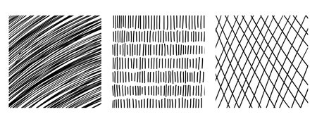Set of textures with different hand drawn patterns. Pencil lines on white backgroundのイラスト素材