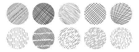 Set of textures with different hand drawn circle patterns. Vector scribble, horizontal and wave strokes collectionのイラスト素材