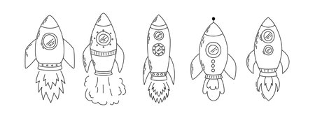 Hand drawn rocket ship doodle icon on white background.のイラスト素材