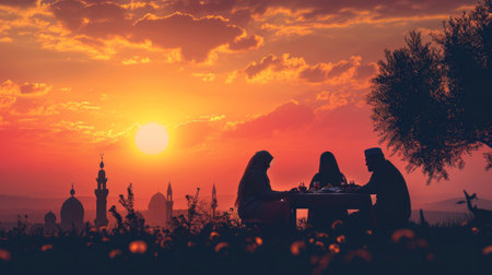 Arabian family eating iftar in Ramadan. Break fasting during Ramadan.の素材