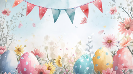 Acrylic Easter eggs with flowers. Happy Easter concept.の素材