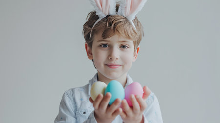 Smiling boy holds an Easter eggの素材