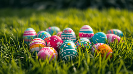 Happy easter banner background. Easter eggs in grassの素材
