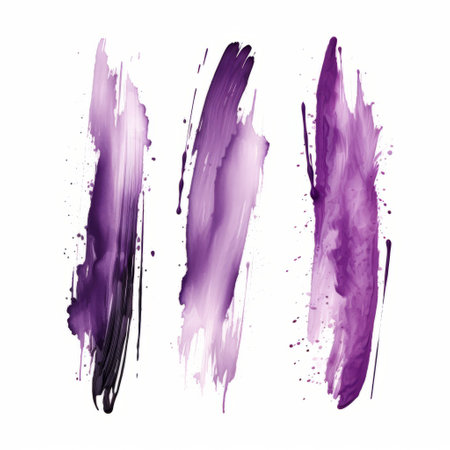 Set of purple mascara brush strokes on white background. Collection of grunge paint textureの素材
