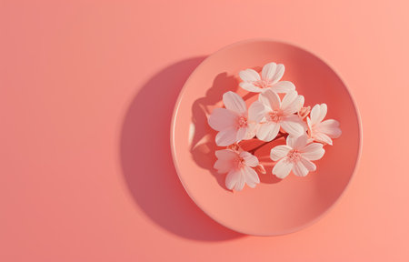 3d flowers in pastel colors with leaves on blue backgroundの素材